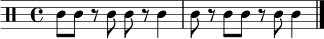 
\relative c' { \clef percussion \time 4/4 c8 c r c c r c4 | c8 r c c r c c4 \bar "|." }
