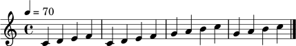 \relative c' {
\clef treble
\key c \major
\time 4/4
\tempo 4 = 70
c4 d e f |
c d e f |
g a b c |
g a b c \bar "|."
}