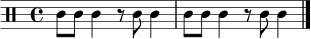 
\relative c' { \clef percussion \time 4/4 c8 c c4 r8 c c4 | c8 c c4 r8 c c4 \bar "|." }
