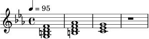 \relative c' {
\key c \minor
\time 4/4
\tempo 4 = 95
<g b d f>1 |
<b d f aes>1 |
<c ees g>1 |
r1
}