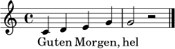
\language "deutsch"
\relative c' { \clef treble \key c \major \time 4/4 c4 d e g | g2 r2 \bar "|." }
\addlyrics { Gu -- ten Mor -- gen, hel -- ler Tag. }
