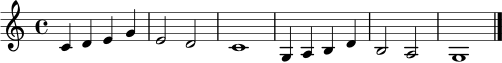 \relative c' { \clef treble \time 4/4 c4 d e g | e2 d2 | c1 | g4 a b d | b2 a2 | g1 \bar "|." }