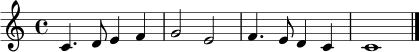 \relative c' {
\clef treble
\time 4/4
c4. d8 e4 f | g2 e | f4. e8 d4 c | c1 | \bar "|."
}