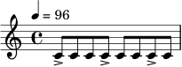 
\relative c' {
\time 4/4
\tempo 4 = 96
c8-> c c c-> c c c-> c |
}
