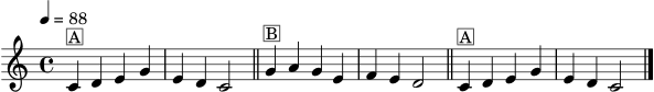 
\version "2.24.1"
\header { tagline = "" }
\score {
  \new Staff \relative c' {
    \clef treble
    \key c \major
    \time 4/4
    \tempo 4 = 88
    c4^\markup { \box "A" } d e g | e d c2 \bar "||"
    g'4^\markup { \box "B" } a g e | f e d2 \bar "||"
    c4^\markup { \box "A" } d e g | e d c2 \bar "|."
  }
  \layout { }
  \midi { }
}
