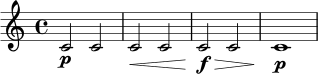 \relative c' {
\time 4/4
c2\p c2 |
c2\< c2 |
c2\f\> c2 |
c1\p |
}