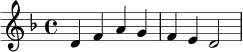 
\version "2.24.0"
\relative c' {
  \key d \minor
  \time 4/4
  d4 f a g |
  f e d2 |
}
