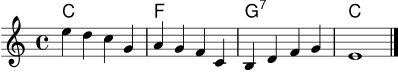
\version "2.24.0"
harmonien = \chordmode { c1 f g:7 c }
melodie = \relative c'' {
  \clef treble
  \key c \major
  \time 4/4
  e4 d c g | a g f c | b d f g | e1 \bar "|."
}
\score {
  <<
    \new ChordNames \harmonien
    \new Staff \melodie
  >>
  \layout { }
  \midi { }
}
