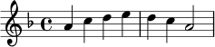 \relative c'' {
\key d \minor
\time 4/4
a4 c d e |
d c a2
}