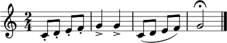 \relative c' {
\time 2/4
c8-. d-. e-. f-. | g4-> g-> | c,8( d e f) | g2\fermata \bar "|."
}