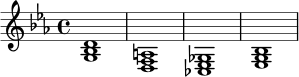 
\version "2.24.0"
\relative c' {
  \key ees \major
  \time 4/4
  <g bes d>1 |
  <d f a>1 |
  <ces ees ges>1 |
  <ees g bes>1 |
}
