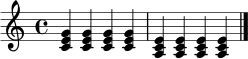 \relative c' {
\clef treble
\time 4/4
<c e g>4 q q q
<a c e>4 q q q
\bar "|."
}