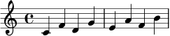 \relative c' { \clef treble \time 4/4 c4 f d g | e a f b | }