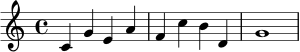 \new Staff { \clef treble c'4 g'4 e'4 a'4 f'4 c''4 b'4 d'4 g'1 }