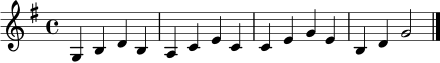 
\relative c' {
  \key g \major
  \time 4/4
  g4 b d b | a c e c | c e g e | b d g2 \bar "|."
}
