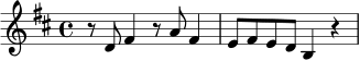 
\relative c' {
  \key d \major
  \time 4/4
  r8 d8 fis4 r8 a8 fis4 | e8 fis e d b4 r4 |
}
