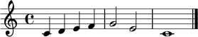\relative c' { \set Staff.midiInstrument = "acoustic grand" \key c \major \time 4/4 c4 d e f | g2 e | c1 \bar "|." }