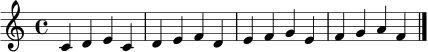 \relative c' {
\clef treble
\key c \major
\time 4/4
c4 d e c | d e f d | e f g e | f g a f \bar "|."
}