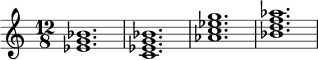 \chordmode {
\time 12/8
ees1. |
c1.:m7 |
aes1.:maj7 |
bes1.:7 |
}