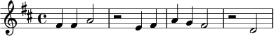 \relative c' {
\key d \major
\time 4/4
fis4 fis a2 | r2 e4 fis |
a4 g fis2 | r2 d2
}
