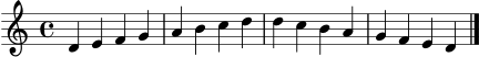 \version "2.22.0"
\language "deutsch"
\header { tagline = "" }
\score {
\new Staff \relative d' {
\clef treble
\time 4/4
d4 e f g
a h c d
d c h a
g f e d
\bar "|."
}
\layout { }
\midi { \tempo 4 = 82 }
}