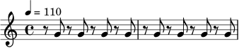 \relative c'' {
\time 4/4
\tempo 4 = 110
r8 g8 r8 g8 r8 g8 r8 g8 |
r8 g8 r8 g8 r8 g8 r8 g8 |
}
