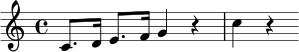 \relative c' { \time 4/4 c8. d16 e8. f16 | g4 r4 c4 r4 | }
