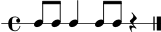 
\version "2.22.0"
\score {
  \new RhythmicStaff {
    \time 4/4
    c8 c8 c4 c8 c8 r4 \bar "|."
  }
  \layout { }
  \midi { \tempo 4 = 86 }
}
