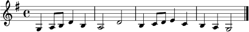 \relative c' {
\clef treble
\key g \major
\time 4/4
g4 a8 b d4 b | a2 d2 | b4 c8 d e4 c | b4 a g2 \bar "|."
}