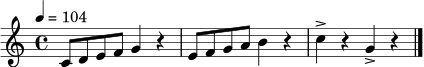 \relative c' { \set Staff.midiInstrument = "acoustic grand" \time 4/4 \key c \major \tempo 4 = 104 c8 d e f g4 r | e8 f g a b4 r | c4-> r g-> r \bar "|." }