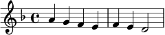 \relative c'' {
\time 4/4
\key d \minor
a4 g f e | f4 e d2 |
}