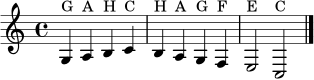\version "2.22.0"
\paper { indent = 0\mm tagline = ##f }
\score {
\relative c' {
\clef treble
\time 4/4
g4^\markup { "G" } a^\markup { "A" } b^\markup { "H" } c^\markup { "C" }
b^\markup { "H" } a^\markup { "A" } g^\markup { "G" } f^\markup { "F" }
e2^\markup { "E" } c^\markup { "C" }
\bar "|."
}
\layout { }
\midi { \tempo 4 = 92 }
}