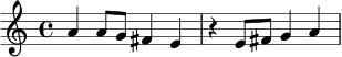 
\relative c'' {
  \time 4/4
  a4 a8 g fis4 e |
  r4 e8 fis g4 a |
}
