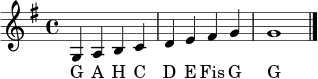 \relative c' {
\clef treble
\key g \major
\time 4/4
g4 a b c | d e fis g | g1 \bar "|."
}
\addlyrics { G A H C D E Fis G G }