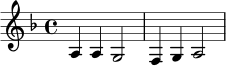 \version "2.24.0"
\header { tagline = ##f }
\relative c' {
\key f \major
\time 4/4
a4 a g2 | f4 g a2 |
}