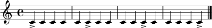 \relative c' {
\clef treble
\time 4/4
c4-> c c c | c c-> c c | c c c-> c | c c c c-> \bar "|."
}