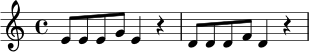 \relative c' {
\time 4/4
e8 e e g e4 r4 |
d8 d d f d4 r4 |
}