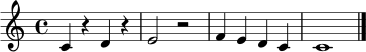 \relative c' {
\clef treble
\time 4/4
c4 r d r | e2 r2 | f4 e d c | c1 \bar "|."
}