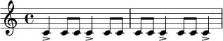 \relative c' {
\time 4/4
c4-> c8 c c4-> c8 c |
c8 c c4-> c8 c c4-> |
}