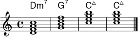 \version "2.24.0"
\header { tagline = ##f }
\score {
<<
\new ChordNames \chordmode { d1:m7 g:7 c:maj7 c:maj7 }
\new Staff \relative c' {
\clef treble
\key c \major
\time 4/4
<d f a c>1 | <g b d f>1 | <c e g b>1 | <c e g b>1 \bar "|."
}
>>
\layout { indent = 0\mm }
\midi { \tempo 4 = 82 }
}