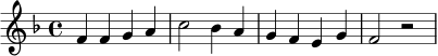 \relative c' { \clef treble \key f \major \time 4/4 f4 f g a | c2 bes4 a | g f e g | f2 r2 | }