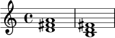 \relative c' {
\time 4/4
<d fis a>1 |
<b d fis>1
}