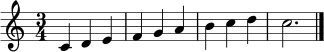 
\relative c' {
  \clef treble
  \key c \major
  \time 3/4
  c4 d e | f4 g a | b4 c d | c2. \bar "|."
}
