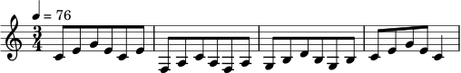 
\relative c' {
  \clef treble
  \key c \major
  \time 3/4
  \tempo 4 = 76
  c8 e g e c e
  f, a c a f a
  g b d b g b
  c e g e c4
}
