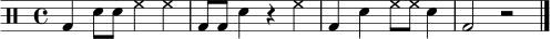 \new DrumStaff \drummode { bd4 sn8 sn hh4 hh | bd8 bd sn4 r hh | bd4 sn hh8 hh sn4 | bd2 r | \bar "|." }