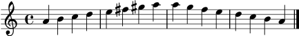 \version "2.22.0"
\language "deutsch"
\header { tagline = "" }
\score {
\new Staff \relative a' {
\clef treble
\key a \minor
\time 4/4
a4 h c d
e fis gis a
a g f e
d c h a
\bar "|."
}
\layout { }
\midi { \tempo 4 = 78 }
}