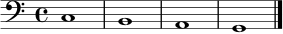 
\relative c {
  \clef bass
  \key c \major
  \time 4/4
  c1 |
  b1 |
  a1 |
  g1 \bar "|."
}
