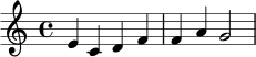 \new Staff { \clef treble e'4 c'4 d'4 f'4 f'4 a'4 g'2 }