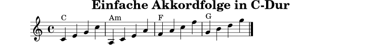 
X:1
T:Einfache Akkordfolge in C-Dur
M:4/4
L:1/4
K:C
"C"C E G c | "Am"A, C E A | "F"F A c f | "G"G B d g |]
