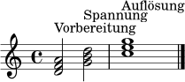 \relative c' { \time 4/4 \key c \major
<d f a>2^\markup { "Vorbereitung" } <g b d>2^\markup { "Spannung" } | <c e g>1^\markup { "Auflösung" } \bar "|." }